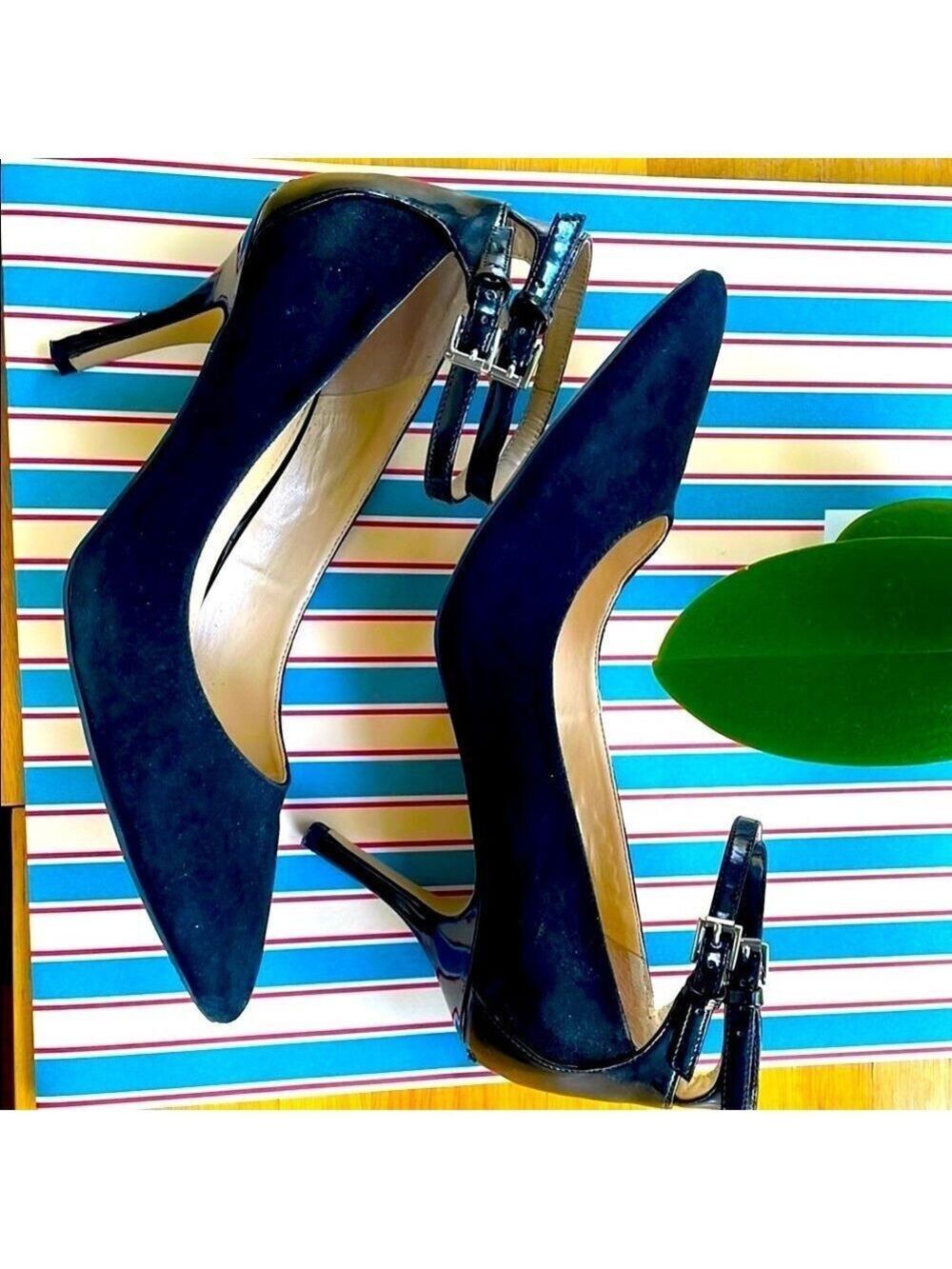 Audrey Brooke Stiletto Heels Suede Patent Trim Pointed Toe Double Strap Black